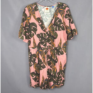 Farm Rio for Anthropologie Romper Womens Large Pink Tropical Linen Blend Shorts